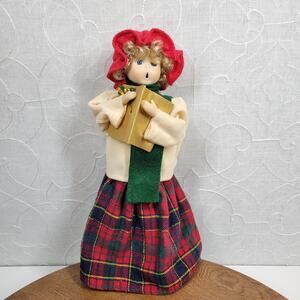 Vintage Christmas Caroler 13" Red Green Plaid Porcelain Figurine